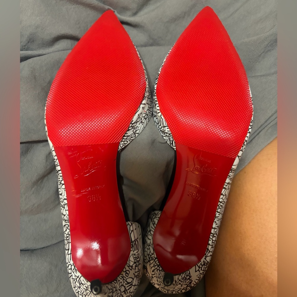 Christian Louboutin White and Black Script Pointed-Toe Pumps - Picture 10 of 10
